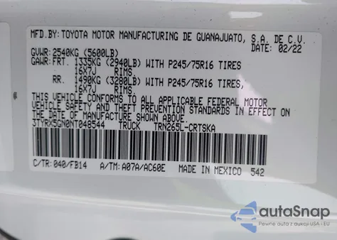 2022 Toyota Tacoma Sr из США, поврежденный, VIN 3TYRX5GN0NT048544